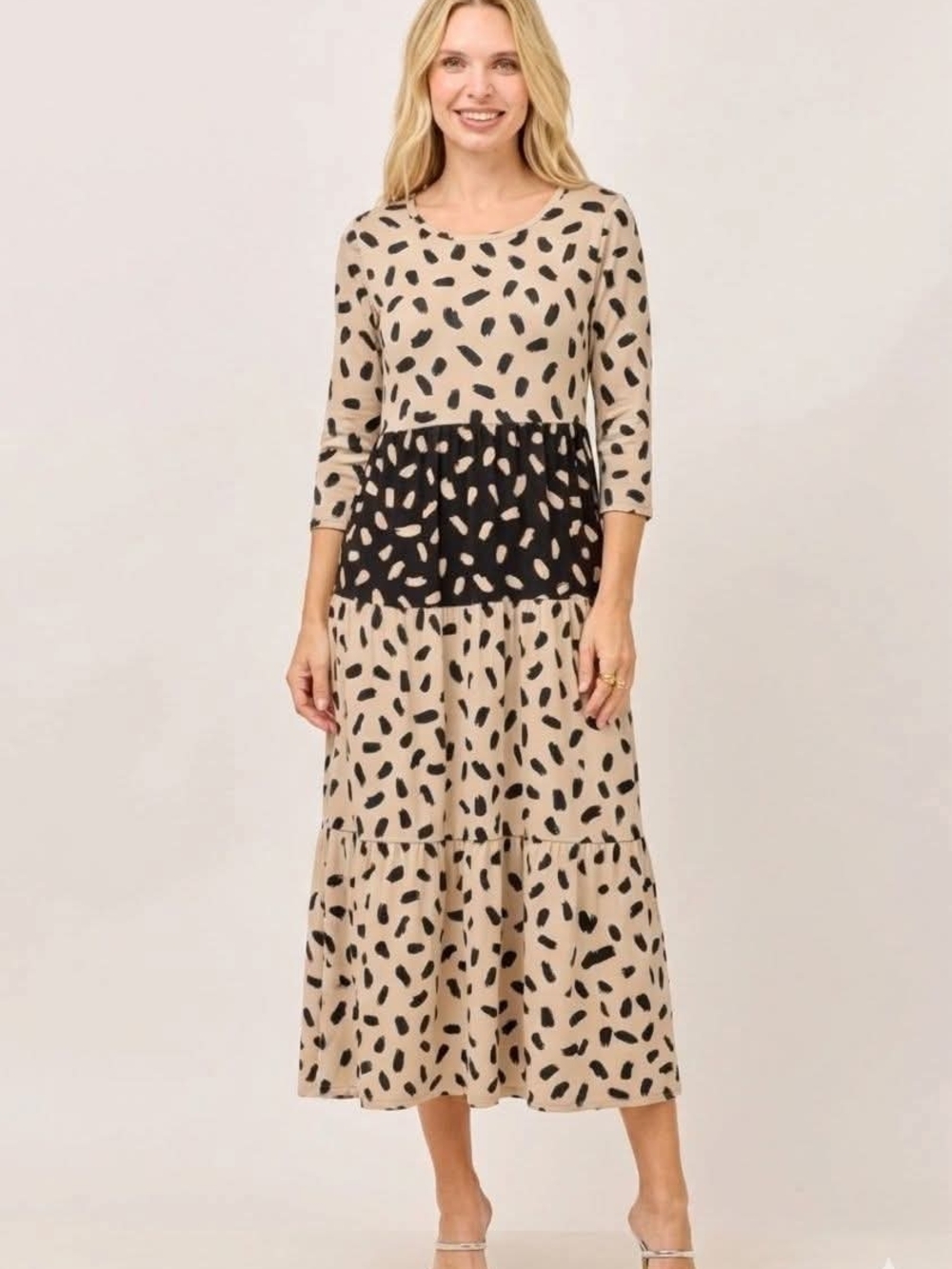 Celeste Beige and Black Tiered Maxi Dress with Spot Motif